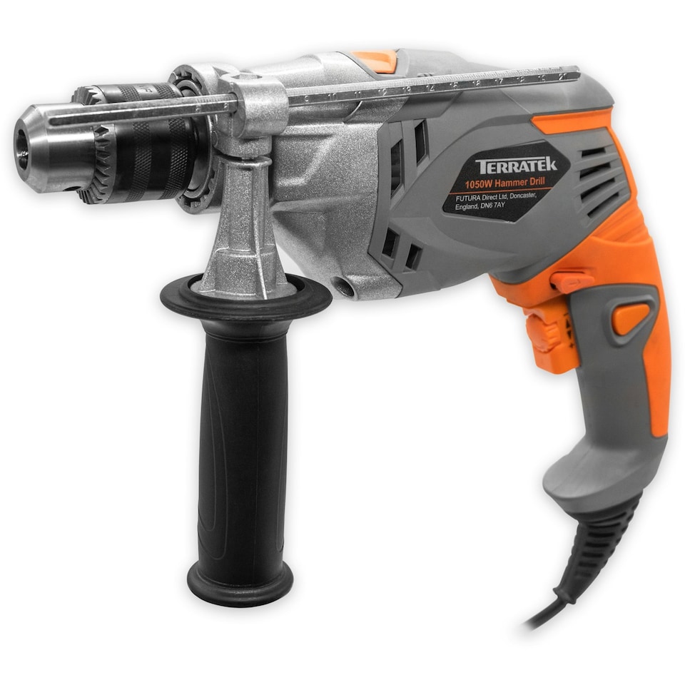 image 1 of Terratek Electric Corded Hammer Drill 1050W, Variable Speed Auxiliary Handle Included