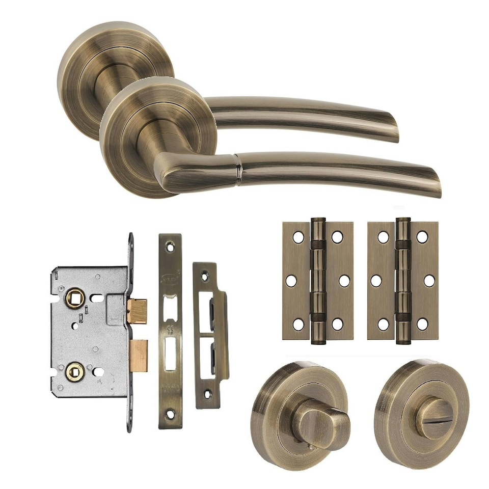 image 1 of Golden Grace Indiana Design Bathroom Door Handle Set in Antique Brass with Thumbturn, Hinges and Mortise Lock Gold