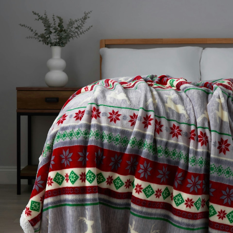 image 1 of BHS Christmas Stag Stripe Throw with Sherpa, Red & Green Grey | Grey