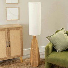 ValueLights Una White Tall Lamp Shade Natural Rattan Midi Floor Lamp Brown