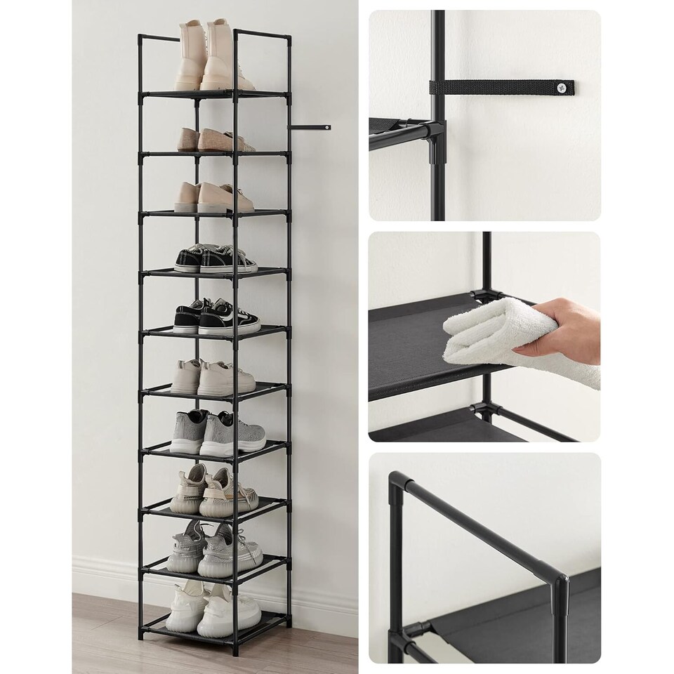 image 1 of 10-Tier Shoe Tower, Compact Storage Rack with Fabric Shelves and Metal Frame, Black
