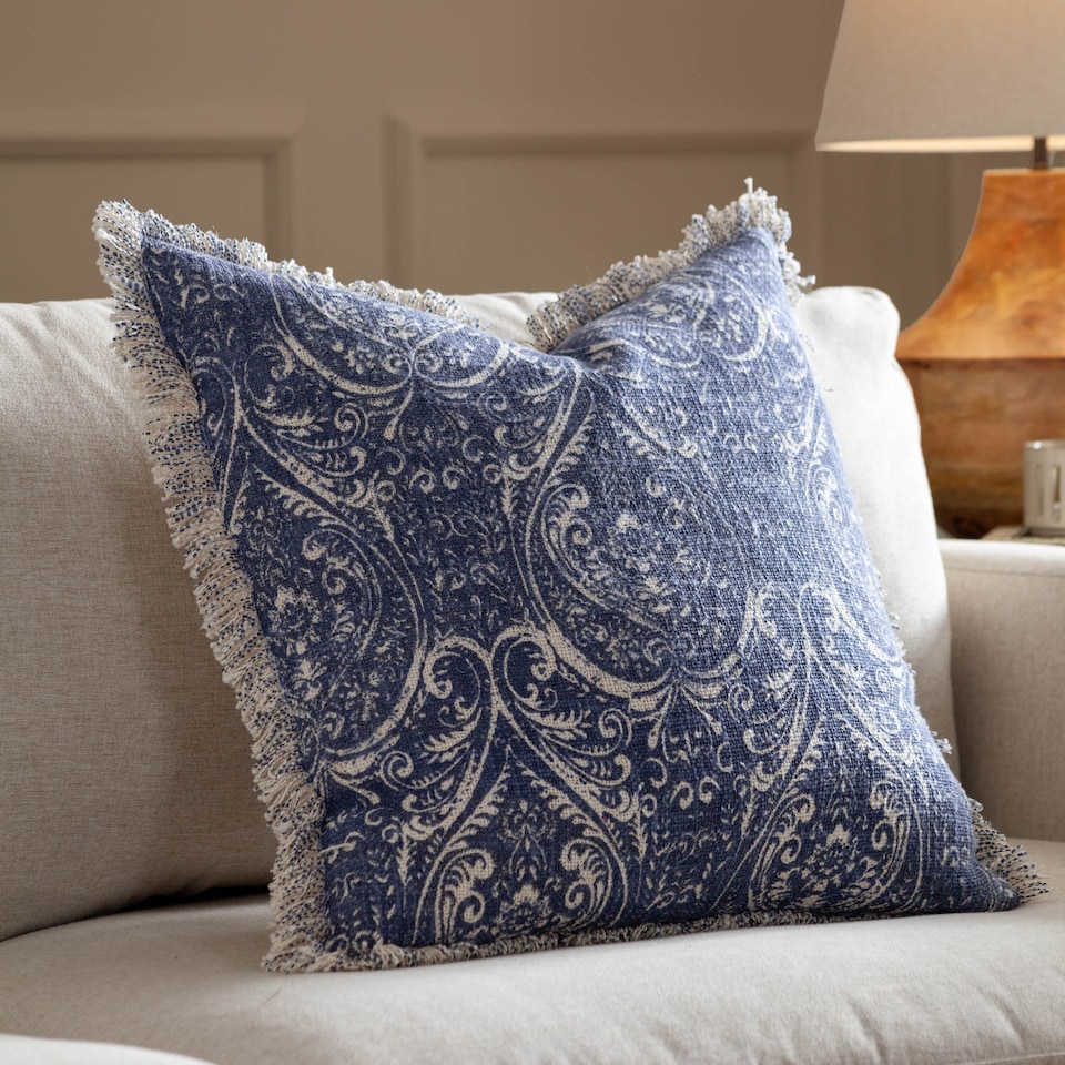 image 1 of Paoletti Durelle Damask Fringed Cushion, Delph Blue, 50 x 50cm