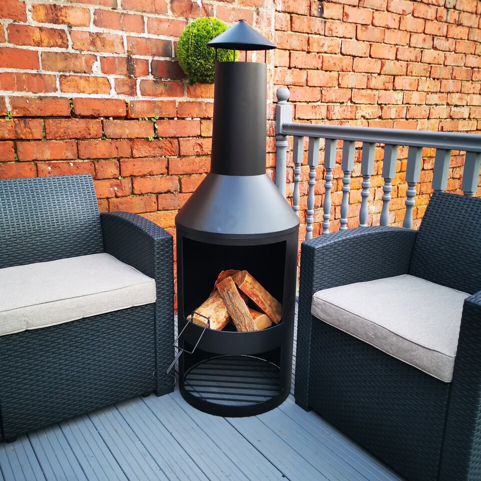 image 1 of 1.4m Tall Outdoor Garden Patio Chiminea Log Burner Fire Pit with Log Store & Cover