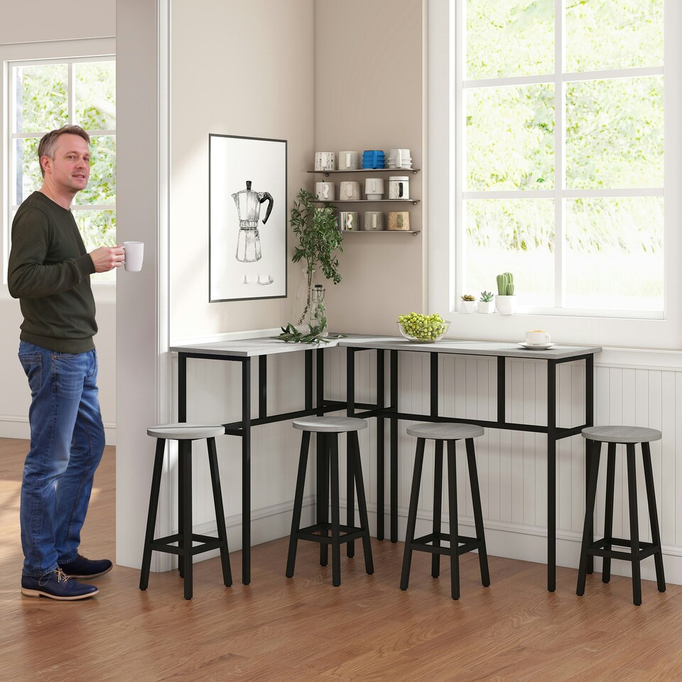 image 1 of HOMCOM 6-Piece Industrial Bar Table Set, 2 Kitchen Tables with 4 Stools, Grey