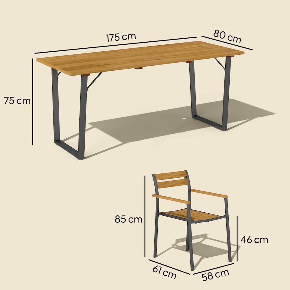 image 1 of Outsunny 7 Piece Garden Dining Set, Fir Wood Garden Furniture Set with Rectangle Table and 6 Stackable Chairs, Umbrella Hole, Slatted Top and Steel Frame, for Patio Balcony Porch, Brown