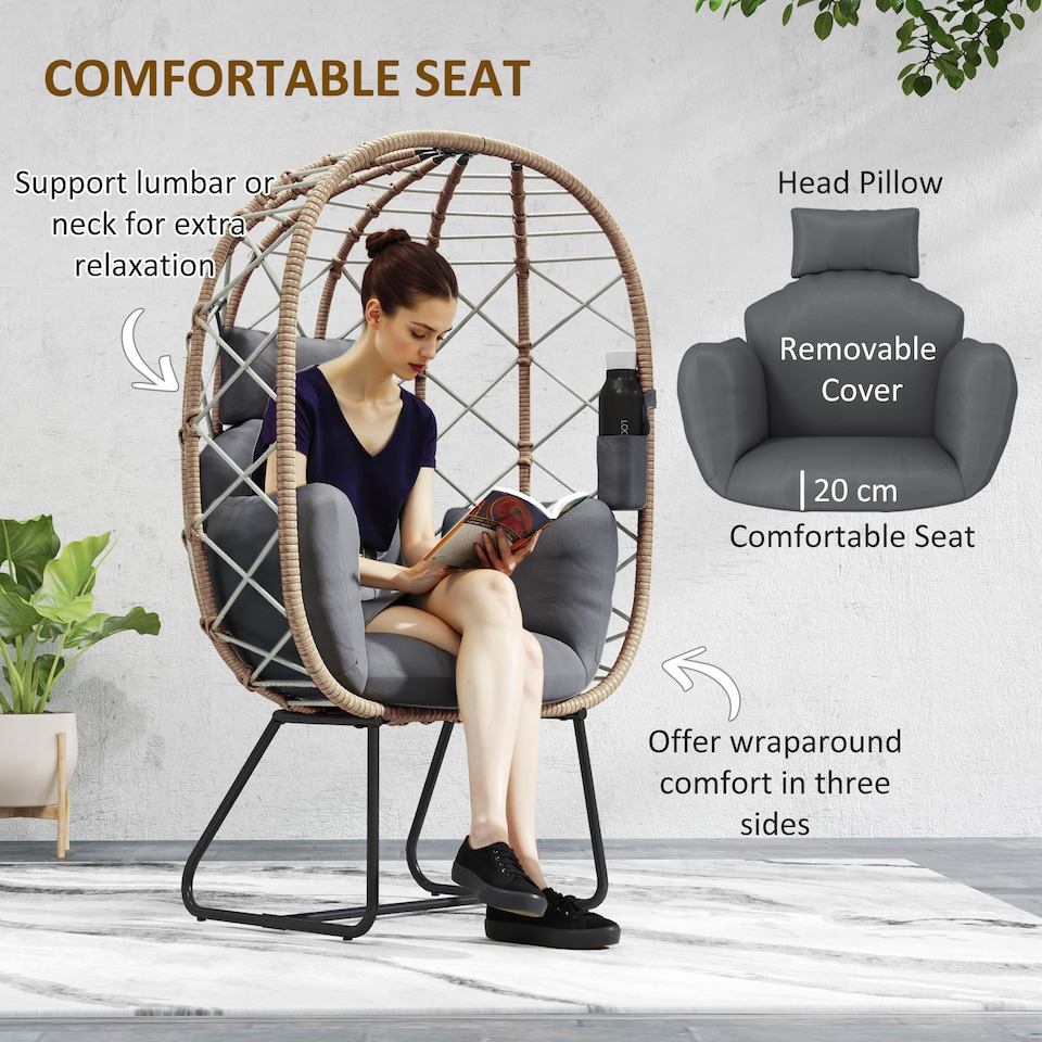 image 1 of Outsunny Rattan Egg Chair Outdoor Indoor Wicker Chair with Thickened Cushion and Headrest, Standing Garden Egg Chair with Cup Holder, Metal Frame for Patio, Balcony, Brown | Brown