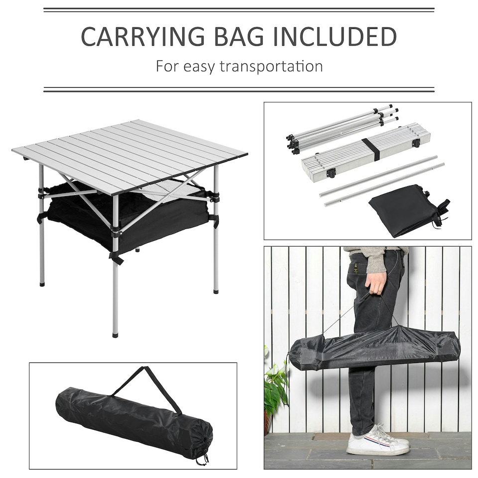 image 1 of Outsunny Aluminum Camping Table Folding Table Picnic Table w/ Mesh Bag, Silver