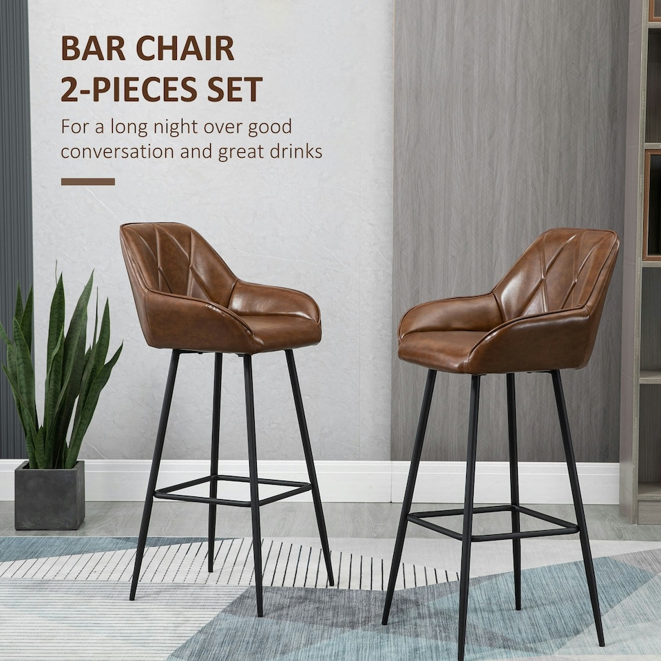 image 1 of HOMCOM Bar Stools Set of 2 Retro Bar Chairs with Backs Footrests Brown