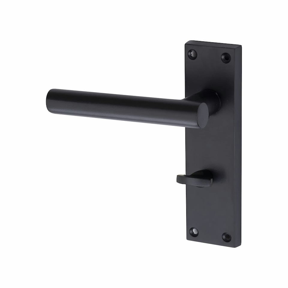 image 1 of Golden Grace T-Bar Bathroom Door Handles Set on Lever Backplate in Matt Black Finish Complete with Latch, Lock and 1 Pair of 3" Ball Bearing Hinges Black
