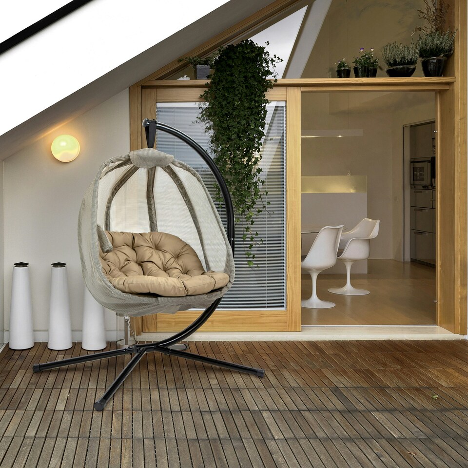 image 1 of Outsunny Folding Hanging Egg Chair w/ Cushion and Stand for Indoor Brown