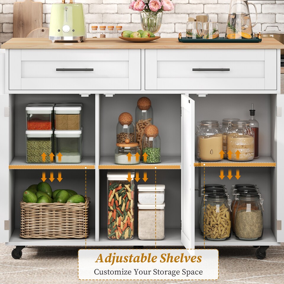 image 1 of VILUXE Mobile Kitchen Island with Foldable Worktop, 2 Drawers, Adjustable Shelves, Towel Rail, Wheels and Solid Wood Feet, White and Natural