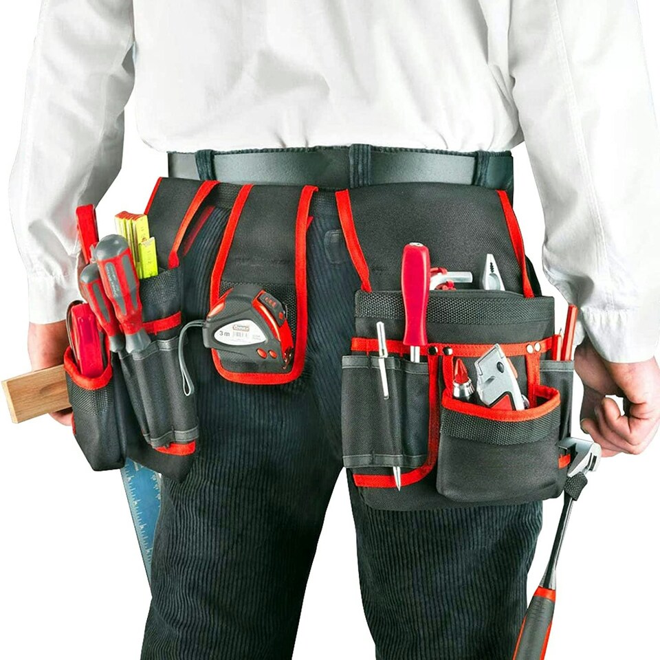 image 1 of SPARES2GO 20 Pocket Double Tool Belt Heavy Duty Joiners Carpenter Builders Nails Pouch