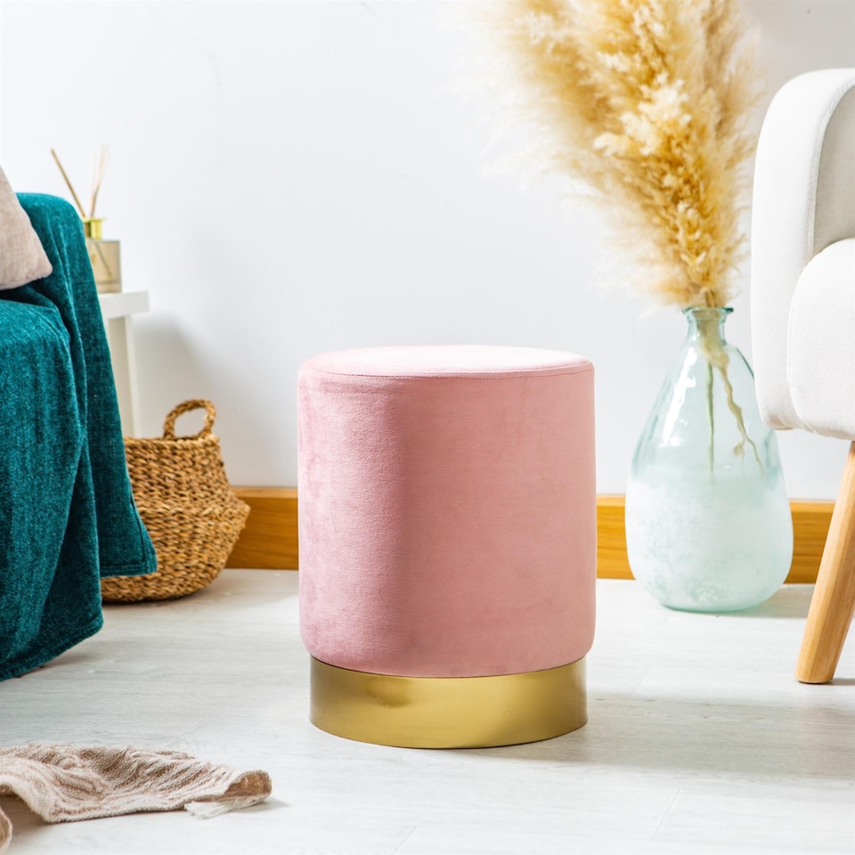 image 1 of Harbour Housewares Round Velvet Pouffe - 29 x 36cm - Pink | Pink | Pink