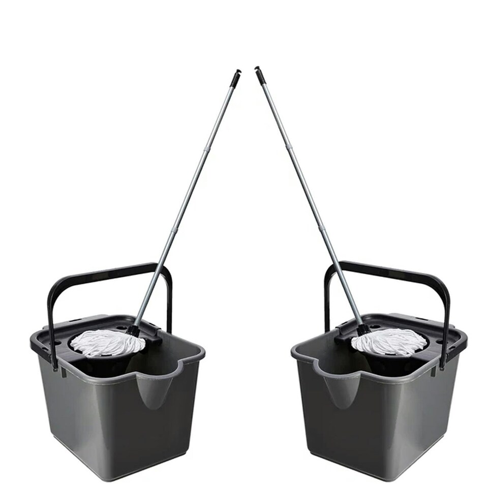 image 1 of 2 x Metallic 12 Litre Cotton Mop & Bucket Hard Floor Cleaning Set With Wringer & Pouring Lip
