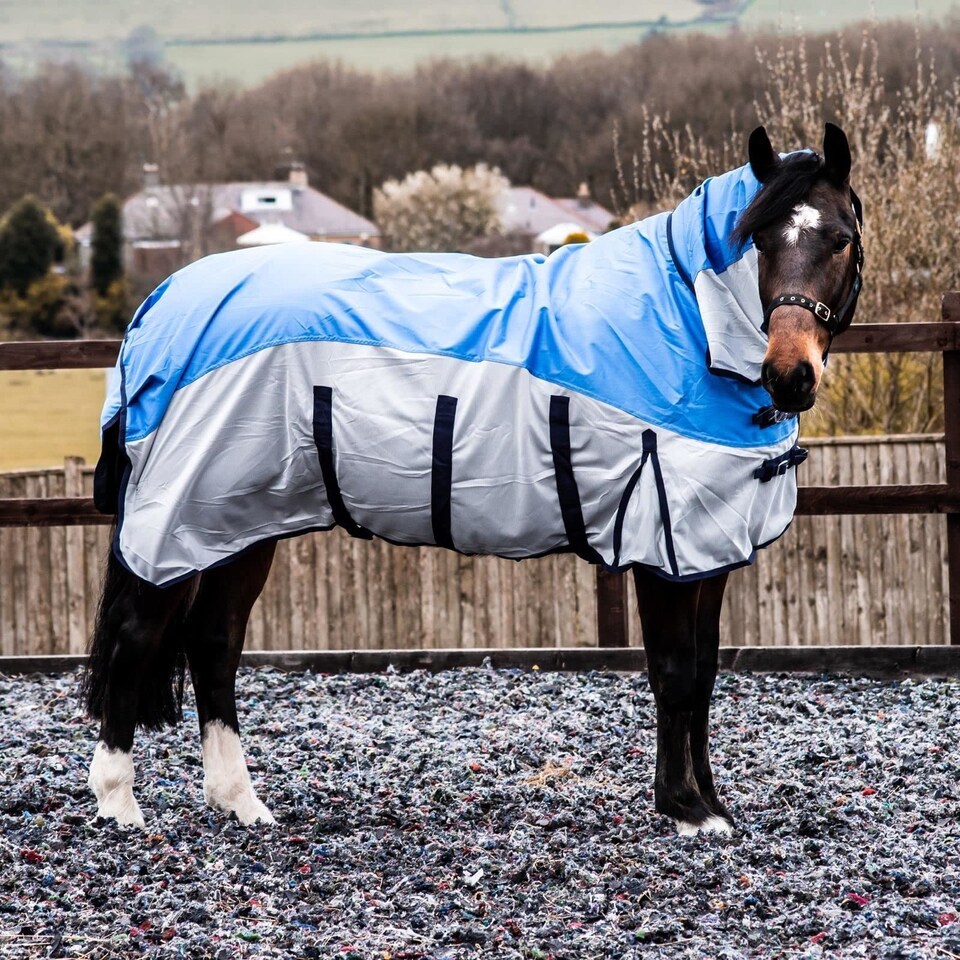 image 1 of eQuitack 600D 2 in 1 Waterproof Fly Turnout Mesh Horse Rug Fixed Neck Blue/Grey 6'3''