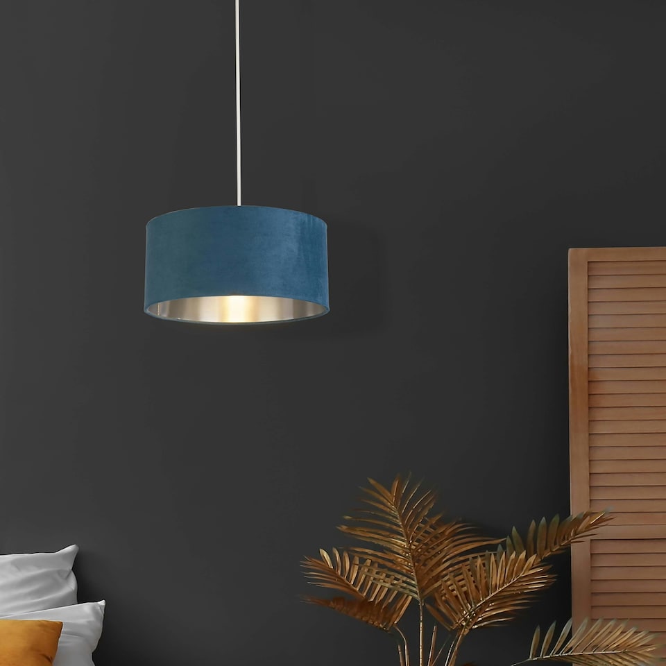 image 1 of TEAL VELVET DRUM SHADE & SILVER INNER (D27cm)