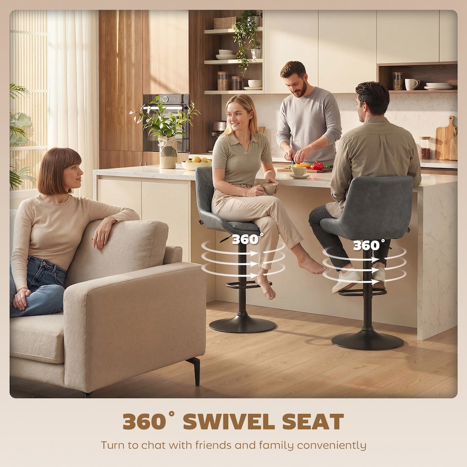 image 1 of HOMCOM PU Leather Padded Bar Stools Set of 2 with Metal Base, Dark Grey