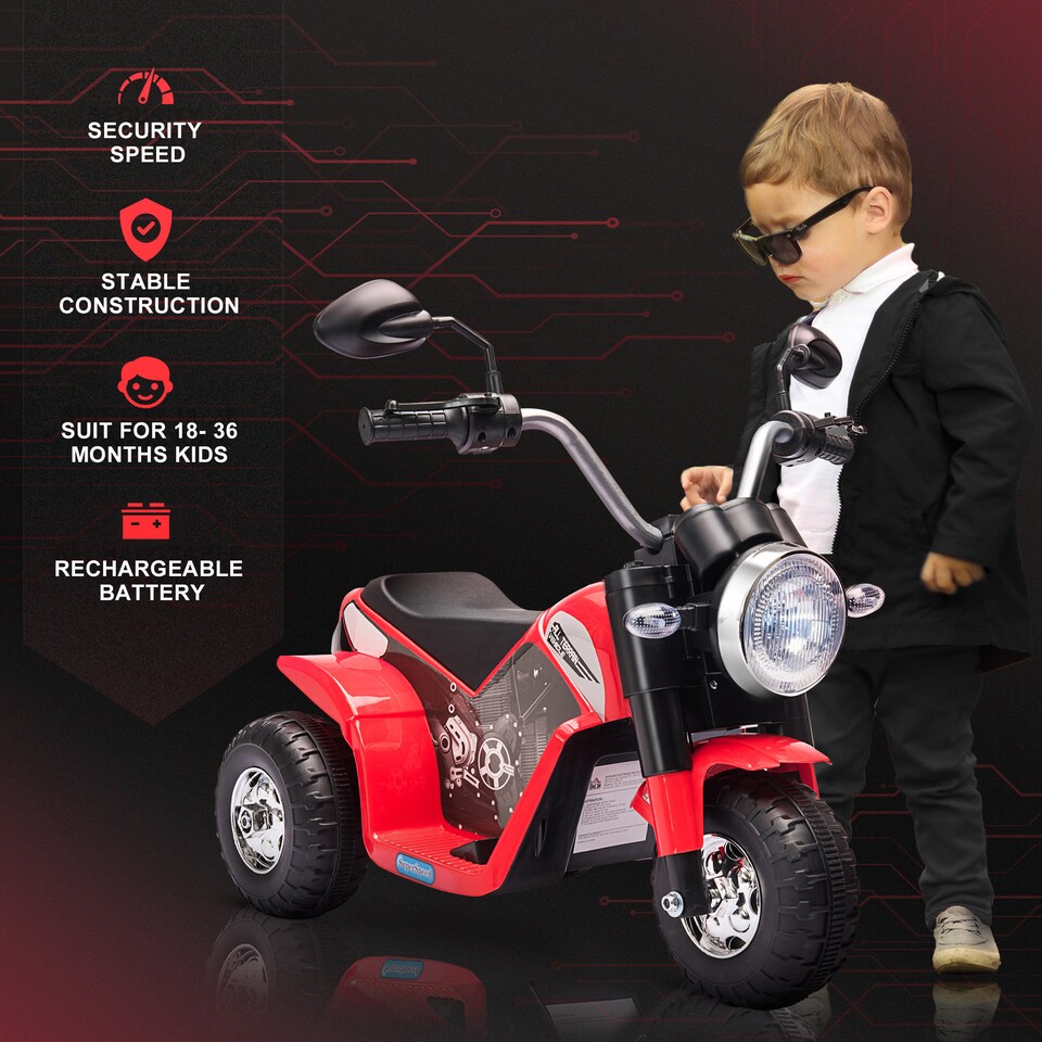image 1 of HOMCOM 6V Kids Electric Motorbike 3 Wheels Ride On Toy with Horn Headlights Realistic Sounds for Girl Boy 18 - 36 Months Red