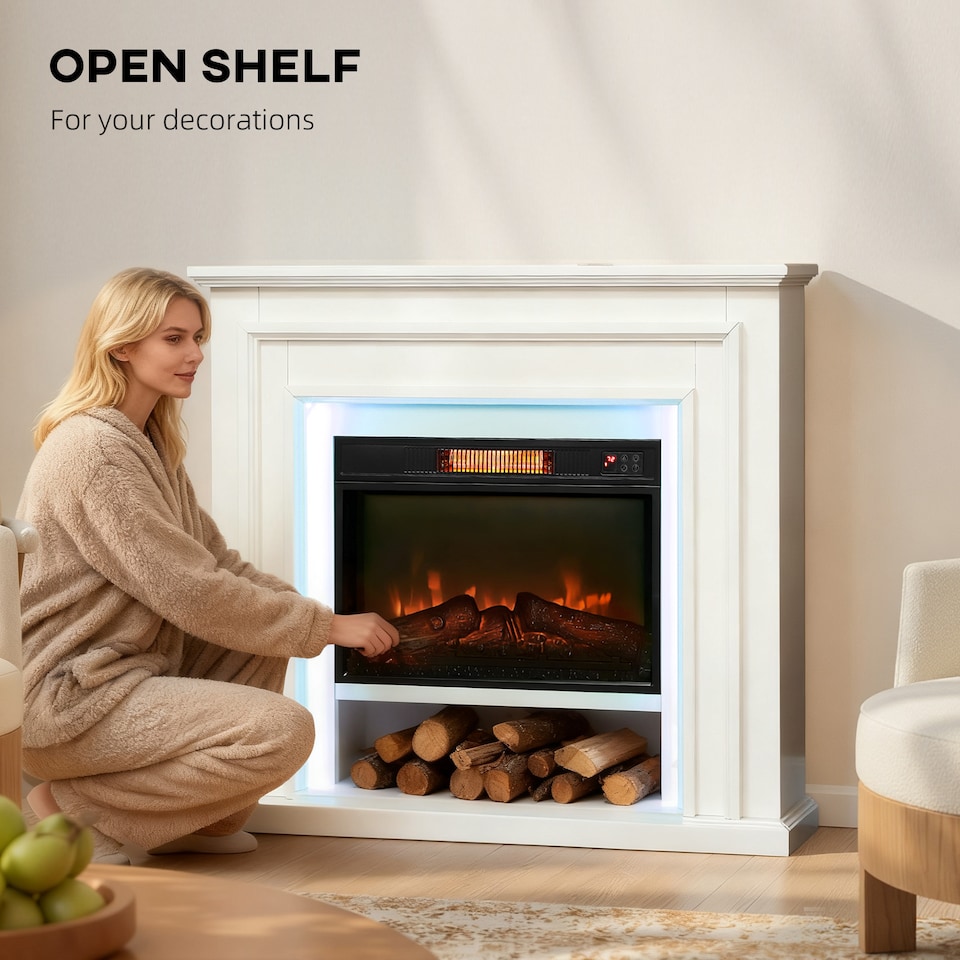image 1 of HOMCOM Electric Fireplace with RGB LED Lights, Realistic Flame Effect & 3 Brightness Levels, 1800W Inset Electric Fire and Mantel Reach up to 30 m² Space with Remote & Timer for Living Room, White