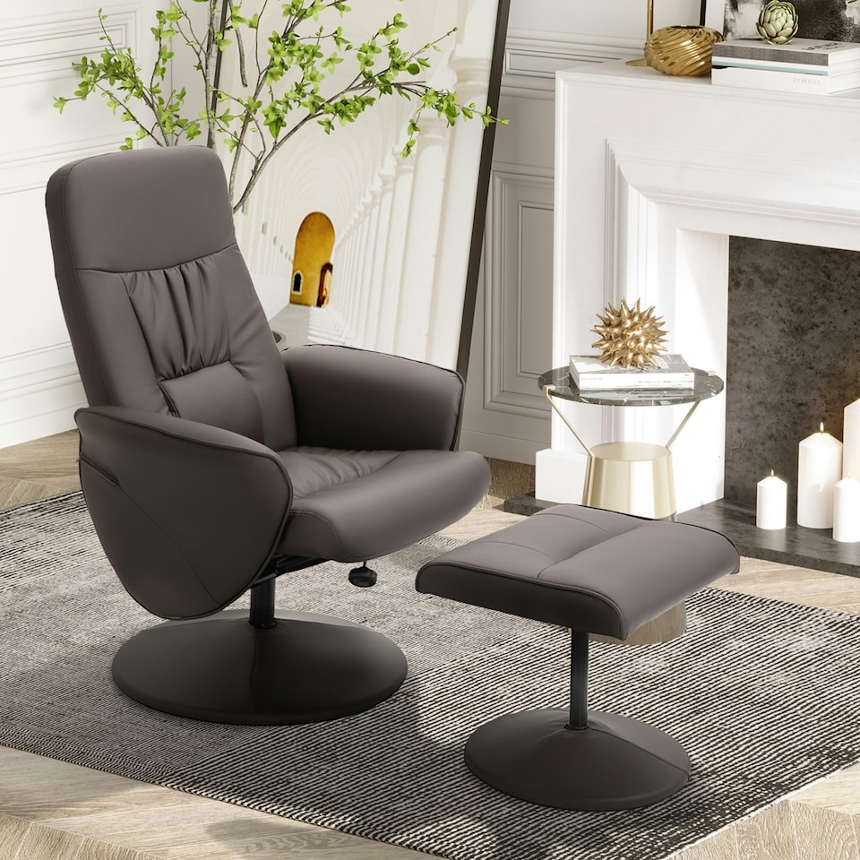 image 1 of HOMCOM PU Leather 2 Pcs Reclining Armchair w/ Ottoman 360° Swivel Brown