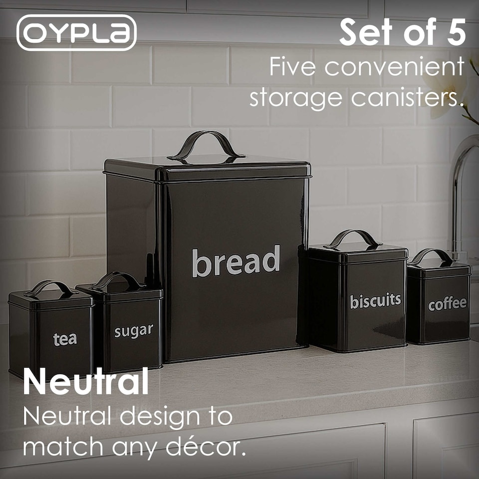 image 1 of 5pc Black Kitchen Canister Set Bread Biscuits Tea Sugar Coffee | Black