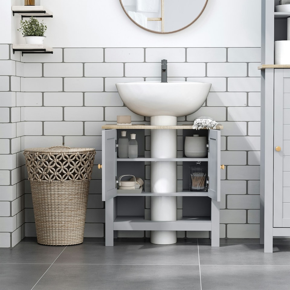 image 1 of kleankin Bathroom Under Sink Cabinet with Adjustable Shelf, White, Grey White | White, Grey