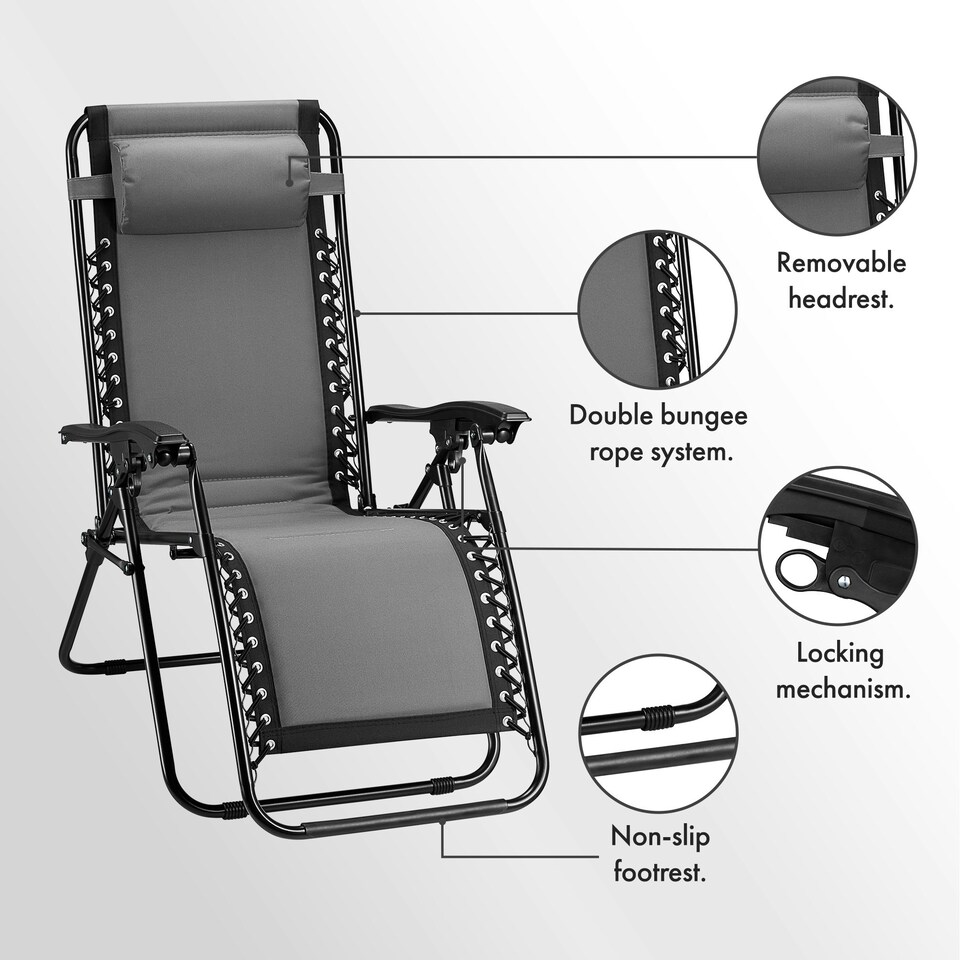 image 1 of VonHaus Set of 2 Padded Folding Zero Gravity Sun Lounger Chairs for Garden Grey
