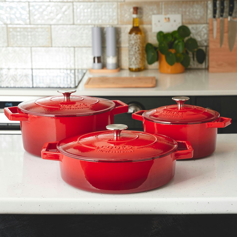 image 1 of Cooks Professional Cast Iron Casserole 26cm | 5.8L Capacity | Enamelled Inside & Out | Graduated Red