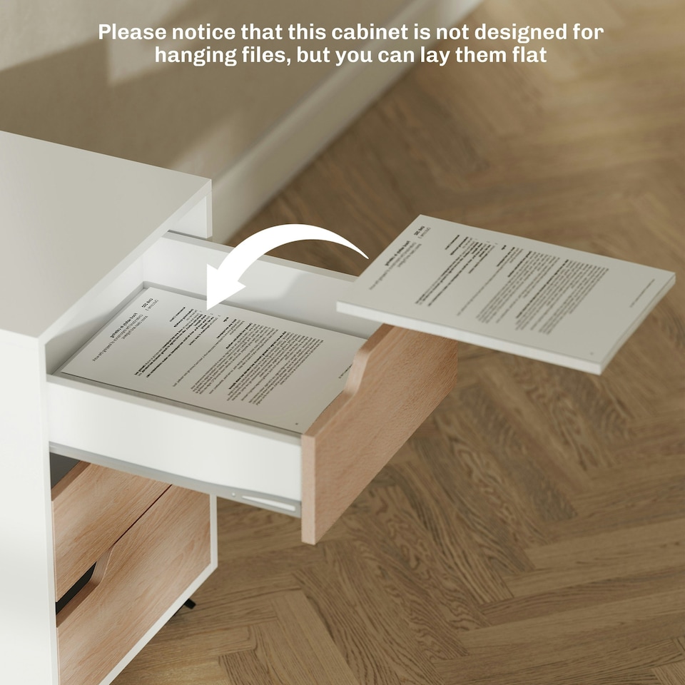 image 1 of MDF Mobile File Cabinet w/ 3 Drawers Locking Wheels Metal Rails Oak Tone White