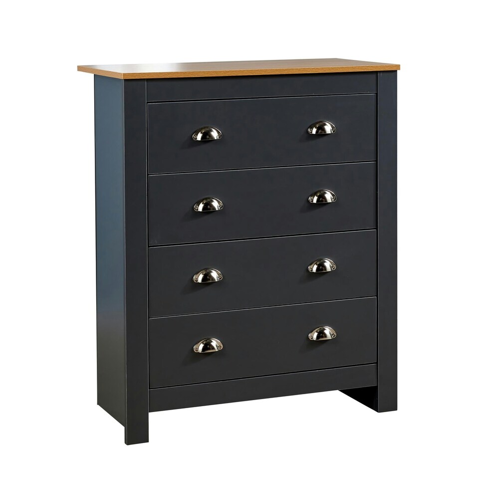 image 1 of Chest 4 Drawers Bedroom Furniture Oak Top Metal Handles Grey