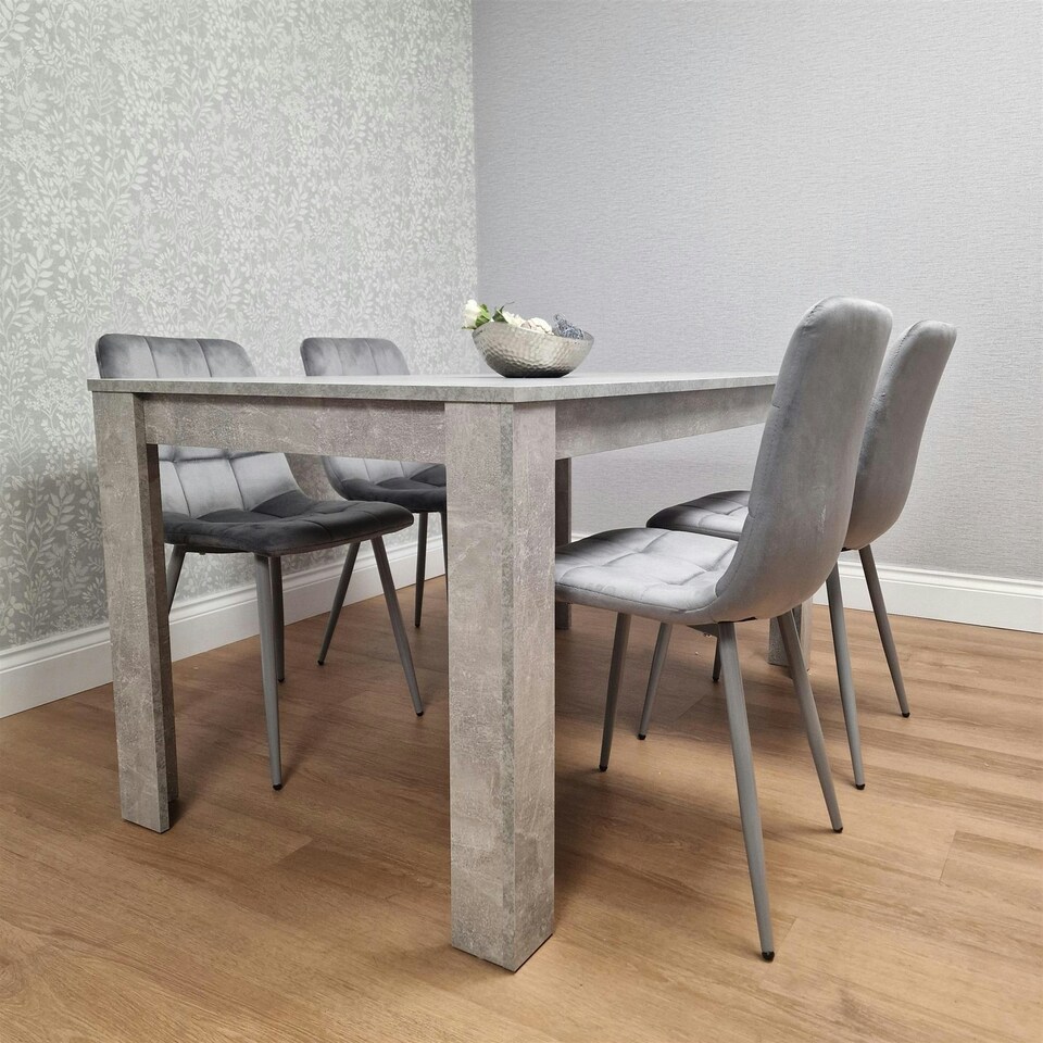 image 1 of Dining Table with 4 Grey Velvet Chairs Stone Grey Effect Wood Table Set for Dining Room Grey