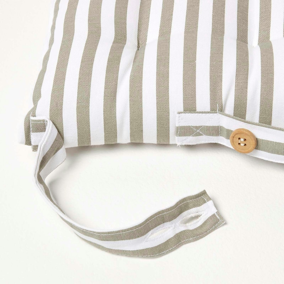 image 1 of Homescapes Grey Stripe Seat Pad with Button Straps 100% Cotton - 40 x 40 cm Grey