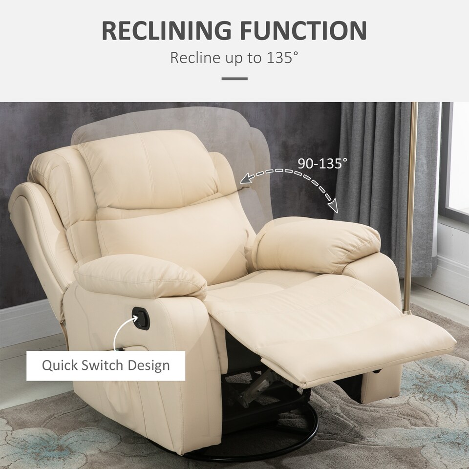 image 1 of HOMCOM PU Leather Massage Recliner Chair with 8 Points and Heat, Manual Reclining Chair with Swivel Base, Footrest and Remote, Rocking Armchair, Beige