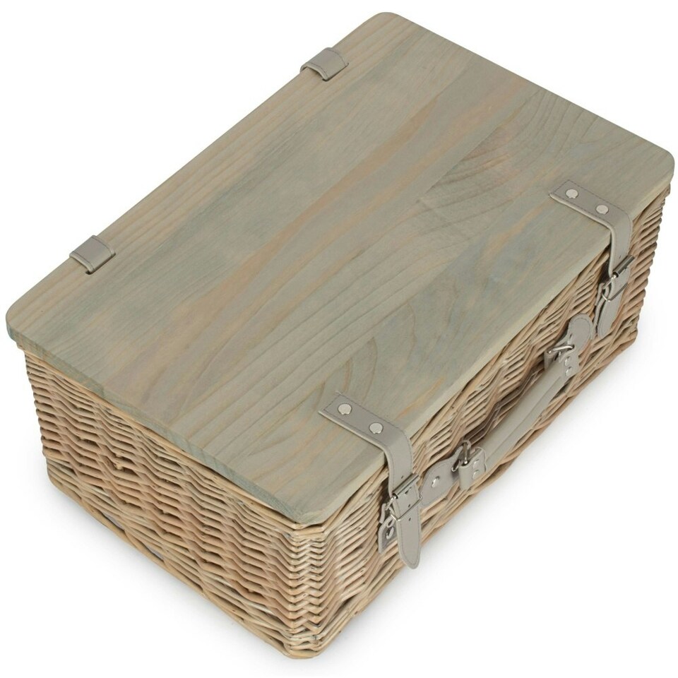 image 1 of Antique Wash Empty Picnic Basket with Pinewood Lid Brown | L