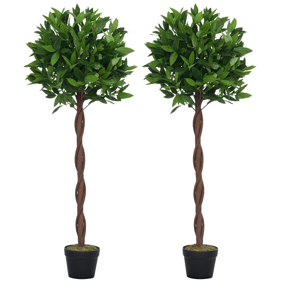 image 1 of Outsunny Artificial Bay Laurel Topiary Trees w Pot Fake, Set Of 2 120cm4FT Indoor Greenery Plant Home Office Garden Decor Green