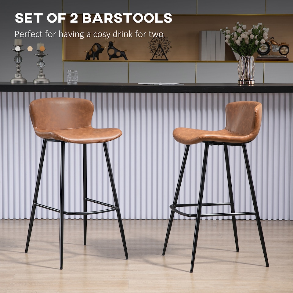 image 1 of HOMCOM Bar Stools Set of 2, PU Leather Bar Chairs with Back and Steel Legs