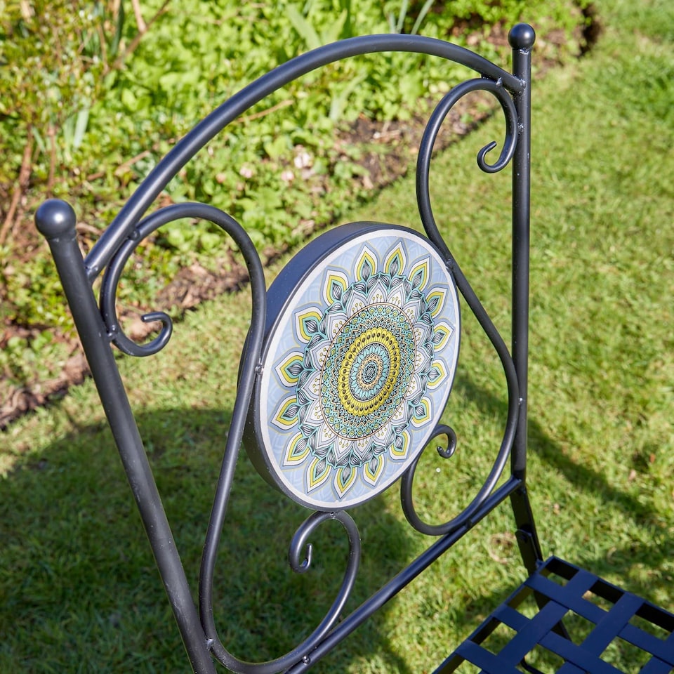 image 1 of Bistro Table Set Blue Floral Mosaic Design 2 Chairs Outdoor Garden Furniture
