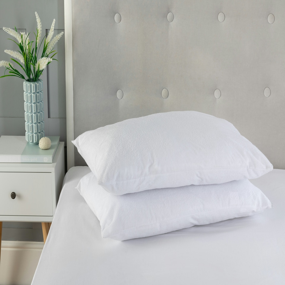 image 1 of Terry Towel Waterproof Water Resistant Non Noisy Pillow Protectors 2PK Zippered Closing | White