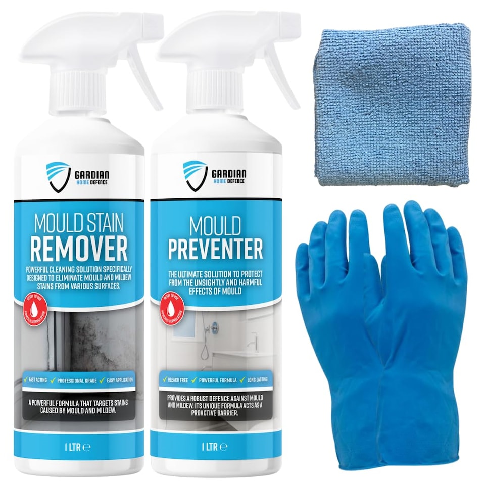 image 1 of Gardian Mould Remover and Preventer Kit - Professional Anti Mould Spray Kit Includes: 1L Moulds and Mildew Remover Spray, 1L Moulds Preventer Sprays, Mould Cleaner Micro Fibre Cloth and Rubber Gloves