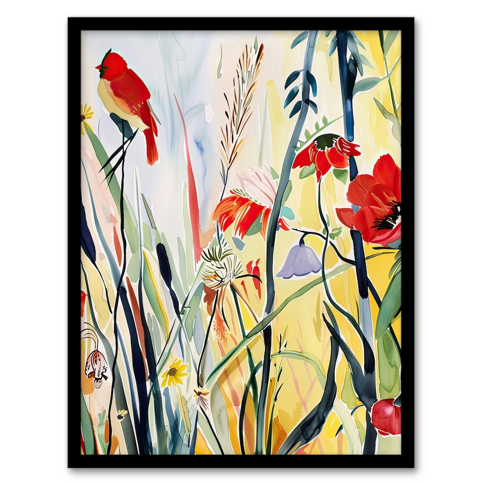 image 1 of Northern Cardinal Bird Watercolour Spring Black Framed Wall Art Print A4