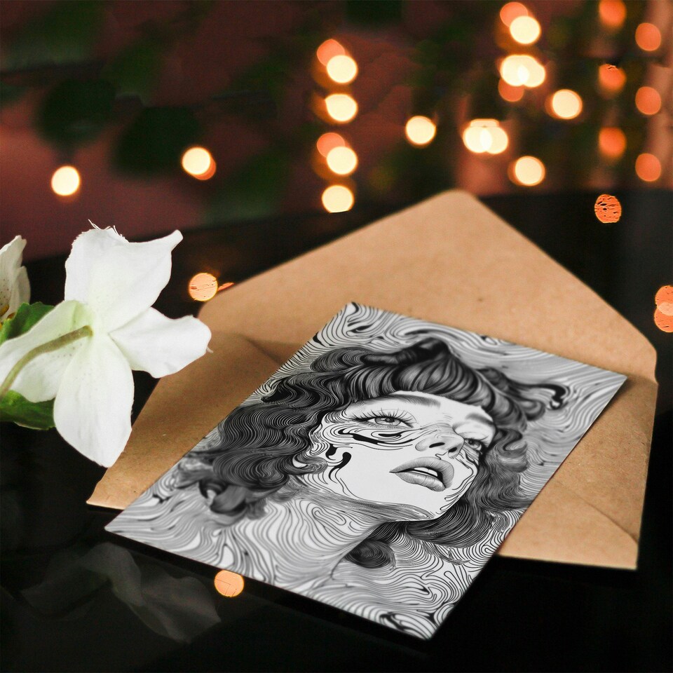 image 1 of Manic Pixie Girl Trippy Black White Line Portrait Birthday Greeting Card