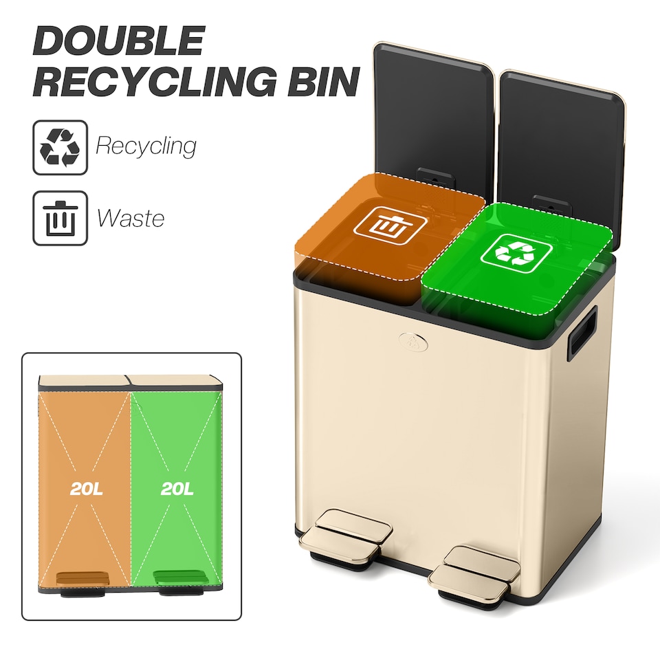 image 1 of HOMCOM 2 x 20L Dual Rubbish Bin Pedal Bin for Recycling and Waste, Gold Tone | Gold