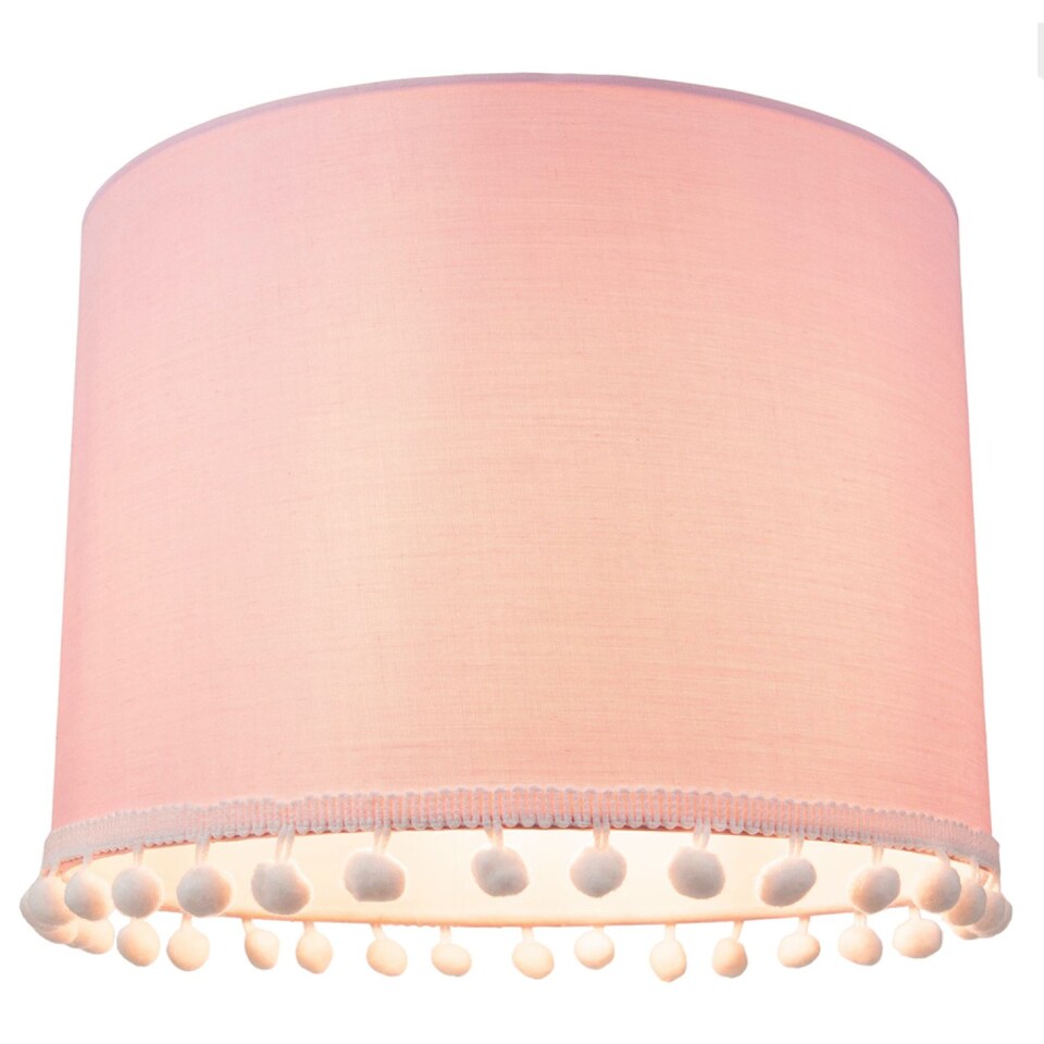 image 1 of Cute and Modern Pink Cotton 10" Lamp Shade with Small White Woolly Pom Poms | Pink | Pink | 1