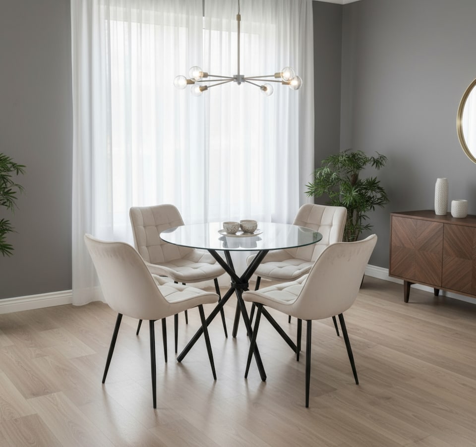image 1 of New York Dining Table with 4 Erica Velvet Chairs - Cream | Cream