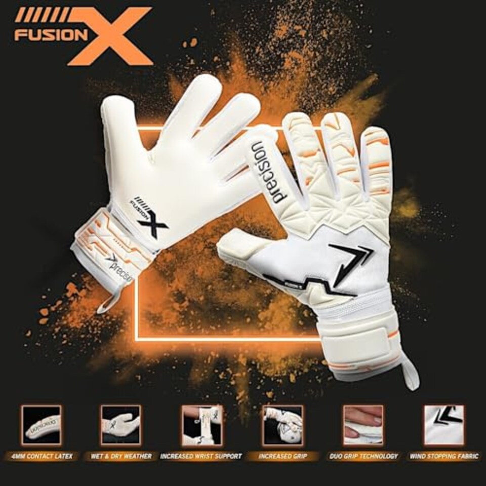 image 1 of Precision Training Fusion X Pro Negative Contact Duo Grip Professional Football Junior Goalkeeper Gloves, White, 7