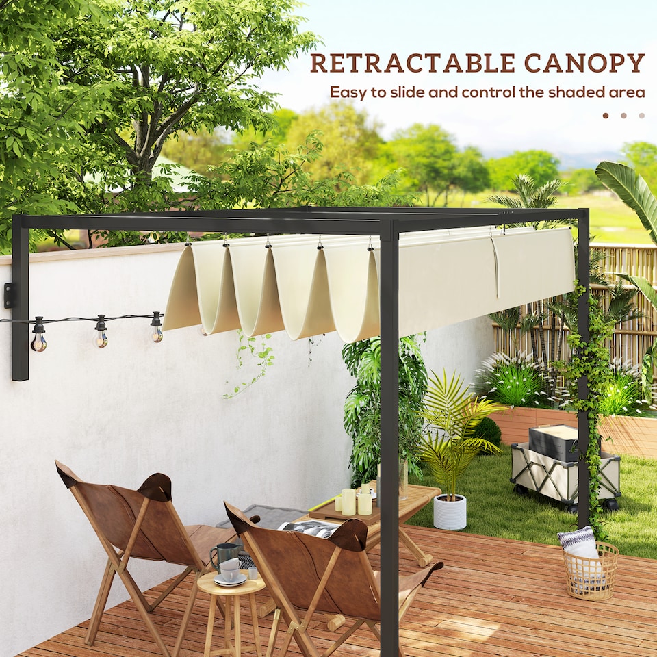 image 1 of Outsunny 2 x 3(m) Lean To Pergola with Retractable Roof, Wall Mounted Garden Gazebo Outdoor Sun Shade Shelter for Patio, Khaki
