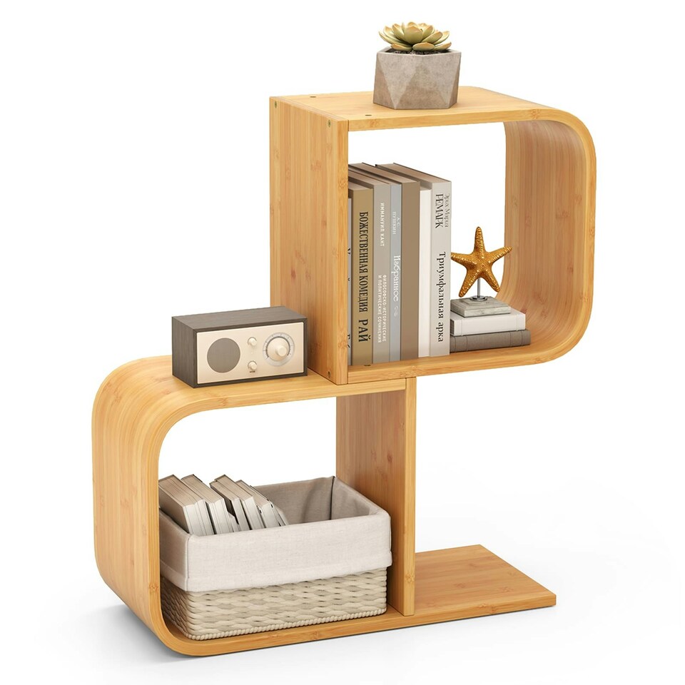 image 1 of COSTWAY 2-Tier S-Shaped Bookcase Bamboo Bookshelf Brown