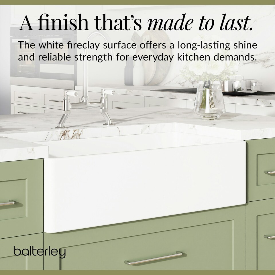 image 1 of Fireclay Kitchen Bundle Single Bowl Belfast Sink with Strainer Waste and Bridge Mixer Tap, 895mm Chrome Finish by Balterley