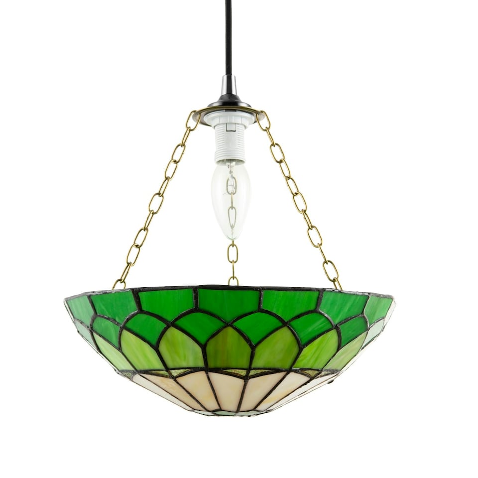 image 1 of Amber and Green Stained Glass Domed Tiffany Pendant Lamp Shade with Chain