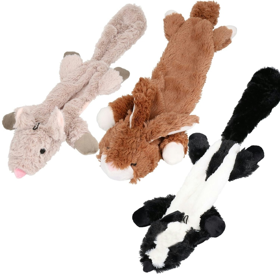 image 1 of Set of 3 Plush Soft Unstuffed Chipmunk, Skunk & Rabbit Dog Toy With Squeak